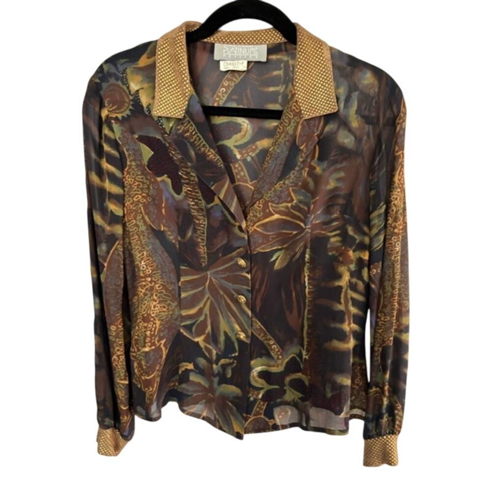 Vtg Dorothy Schoelen Platinum 90s Brown Colorful Top Tropical Animal Metallic